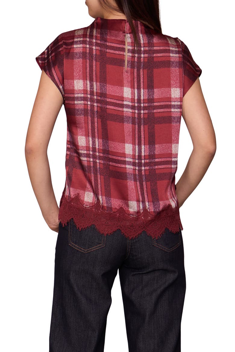 Plaid Cap Sleeve Lace Trim Satin Top, Alternate, color, MAROON PLAID