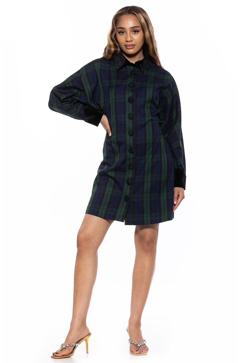 Velvet Trim Long Sleeve Shirtdress, Alternate, color, GREEN PLAID