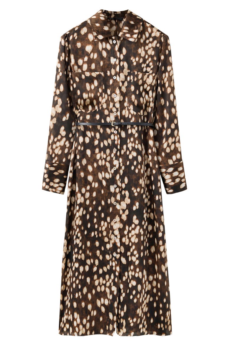 Printed Belted Long Sleeve Shirtdress, Main, color, BROWN