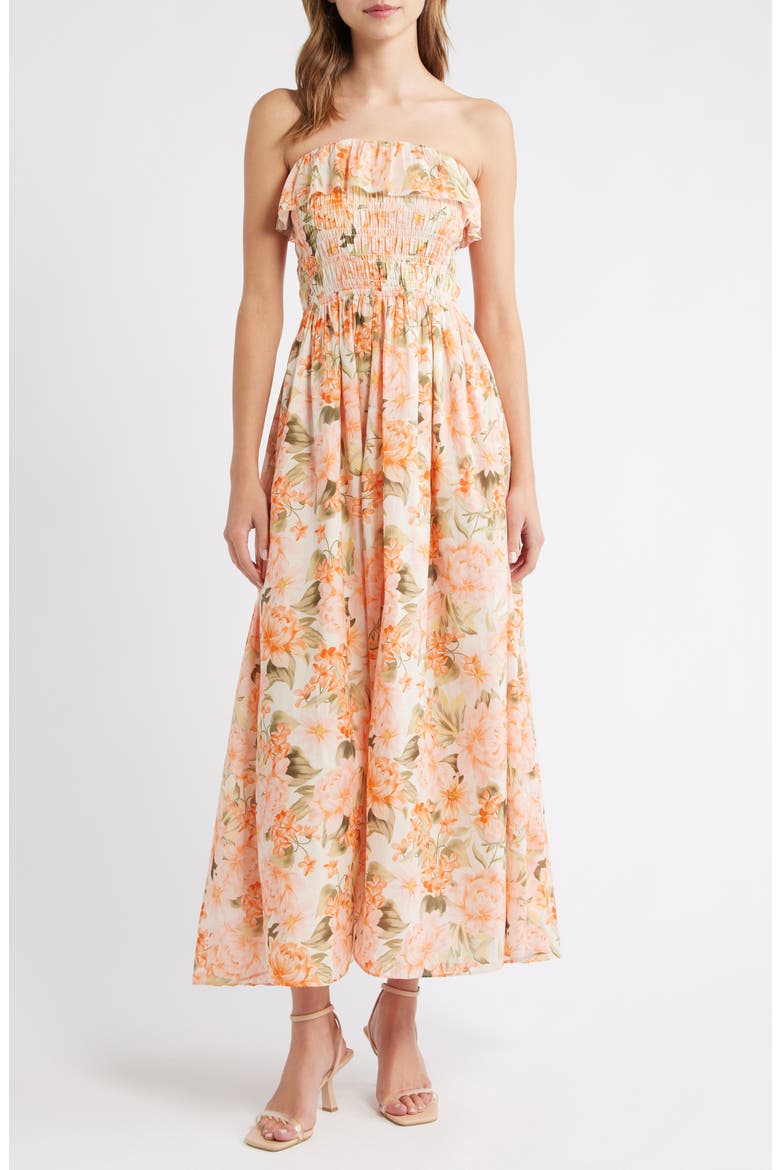 Shirred Floral Print Maxi Dress, Main, color, ORANGE