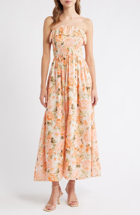 Shirred Floral Print Maxi Dress