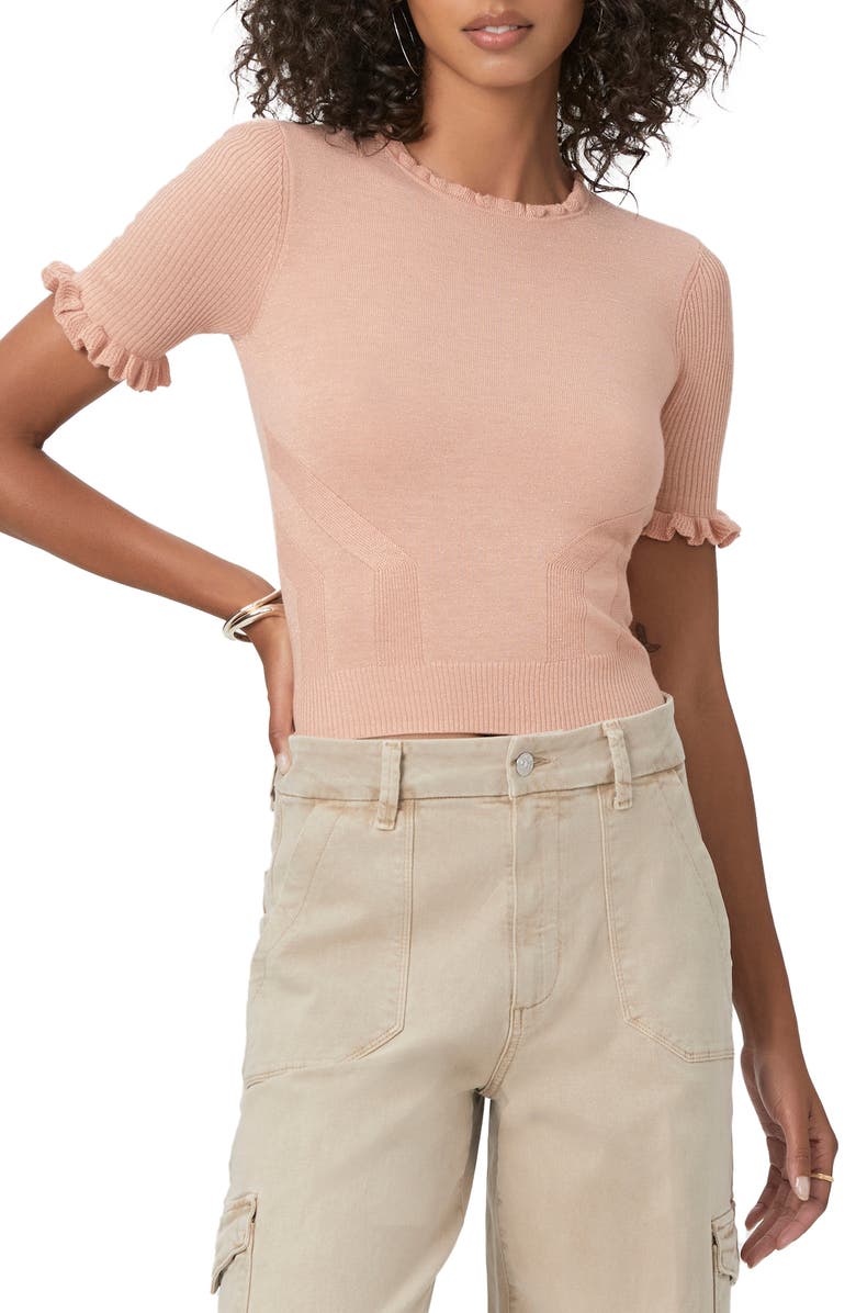 PAIGE Triste Metallic Short Sleeve Sweater, Main, color, Peachmet