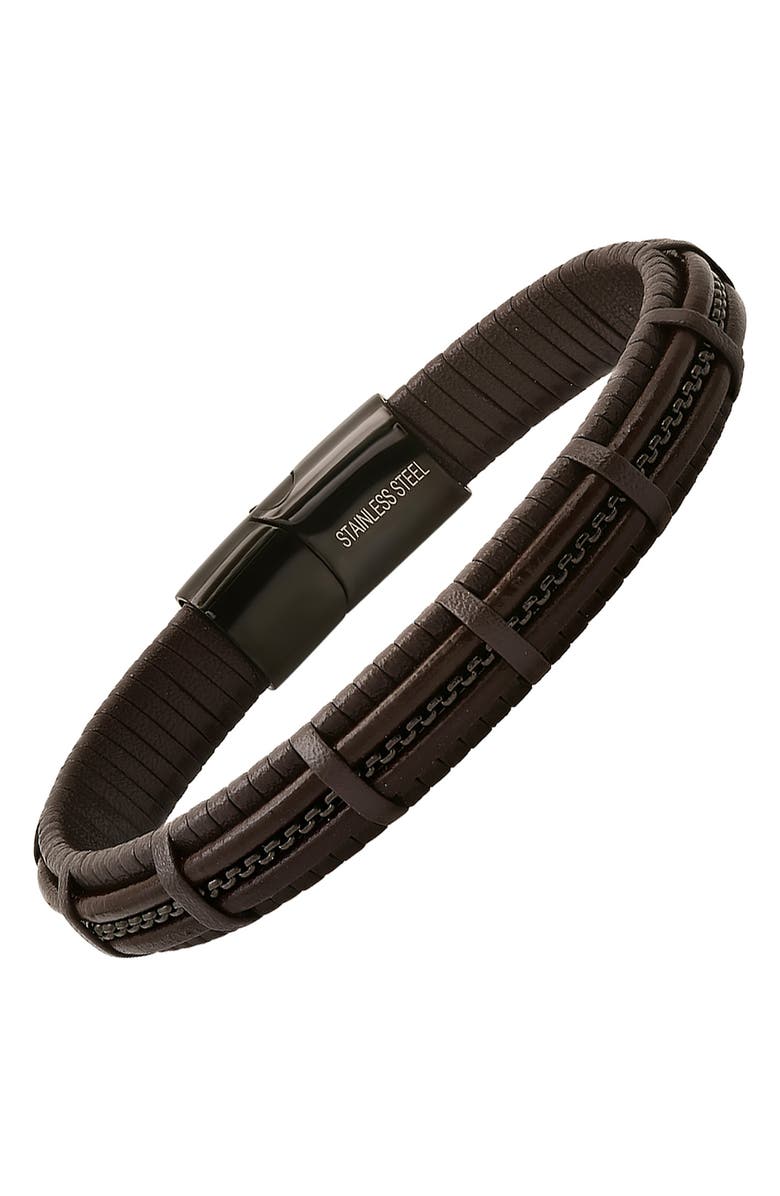 HMY JEWELRY Men's Leather & Stainless Steel Bracelet, Alternate, color, 