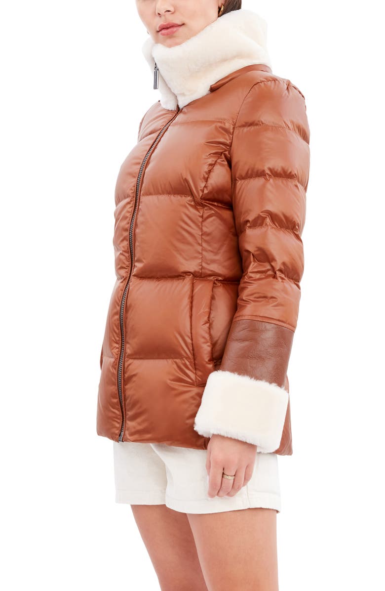 Dawn Levy Puffer Jacket with Genuine Shearling Trim, Alternate, color, Cognac