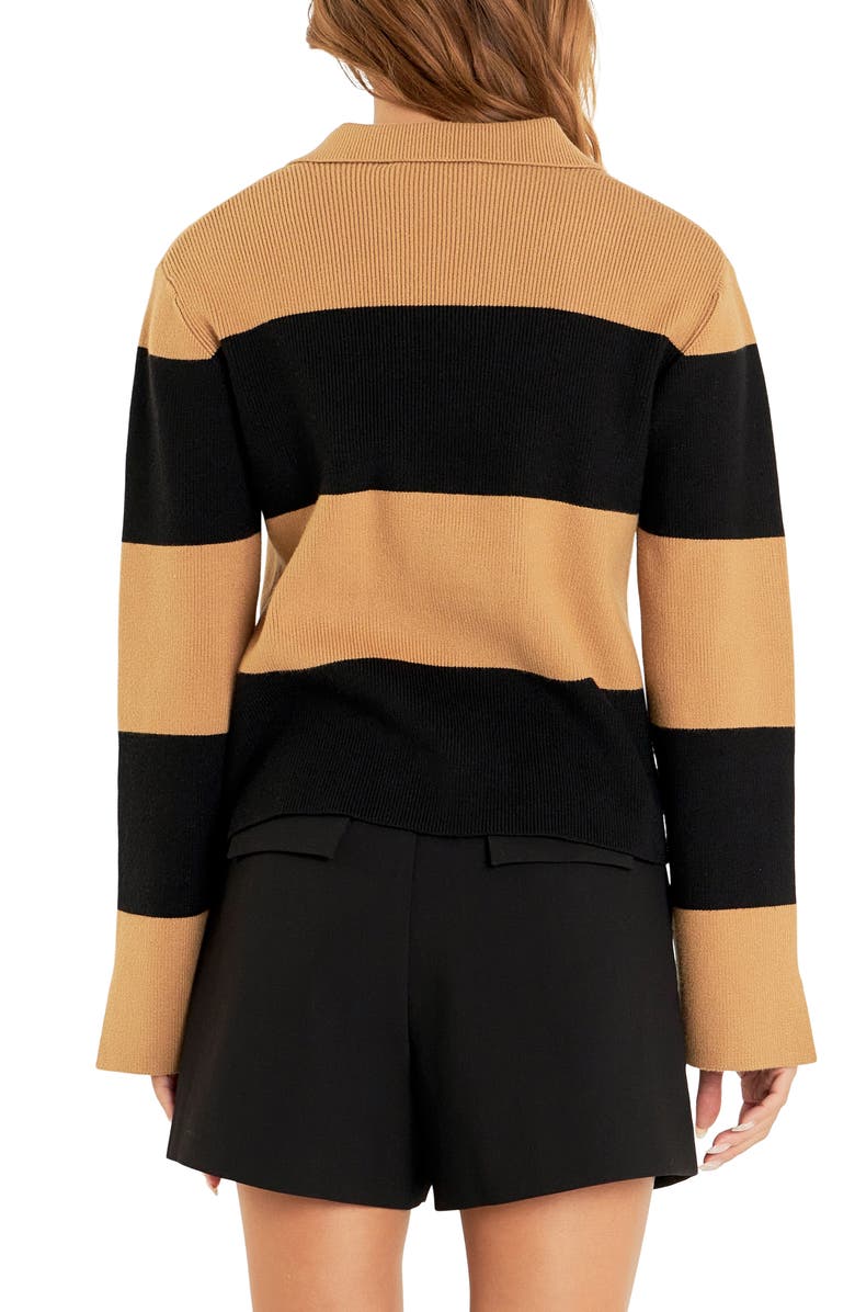 English Factory Stripe Polo Sweater, Alternate, color, Camel/ Black