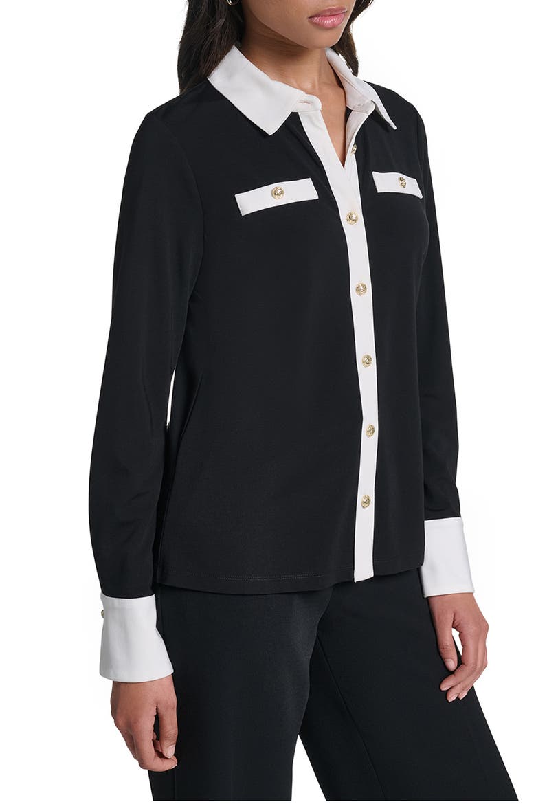 Contrast Trim Collared Knit Top, Alternate, color, BLACK