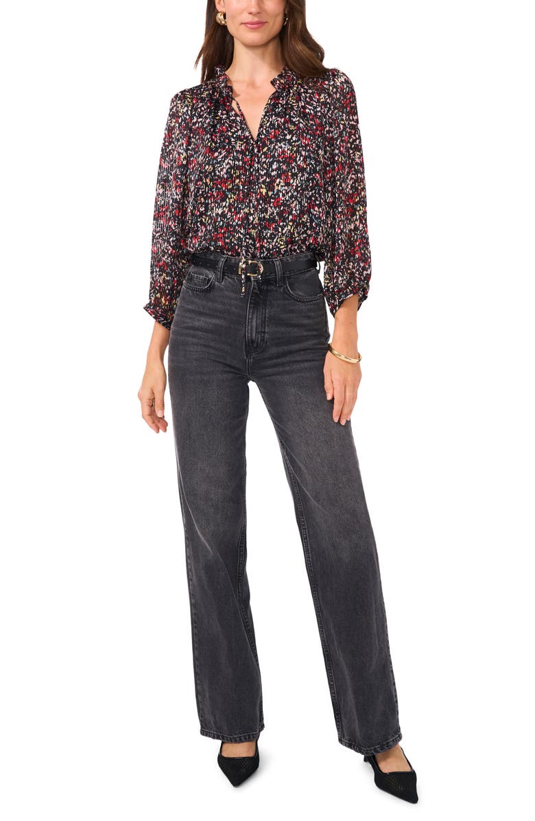 Vince Camuto Abstract Print Plissé Split Neck Top, Alternate, color, Rich Black