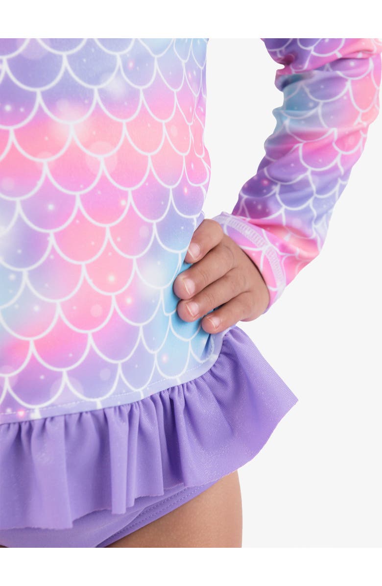 RuffleButts Toddler Girls UPF50+ Long Sleeve Rash Guard Bikini, Alternate, color, Shimmer Mermaid Tale
