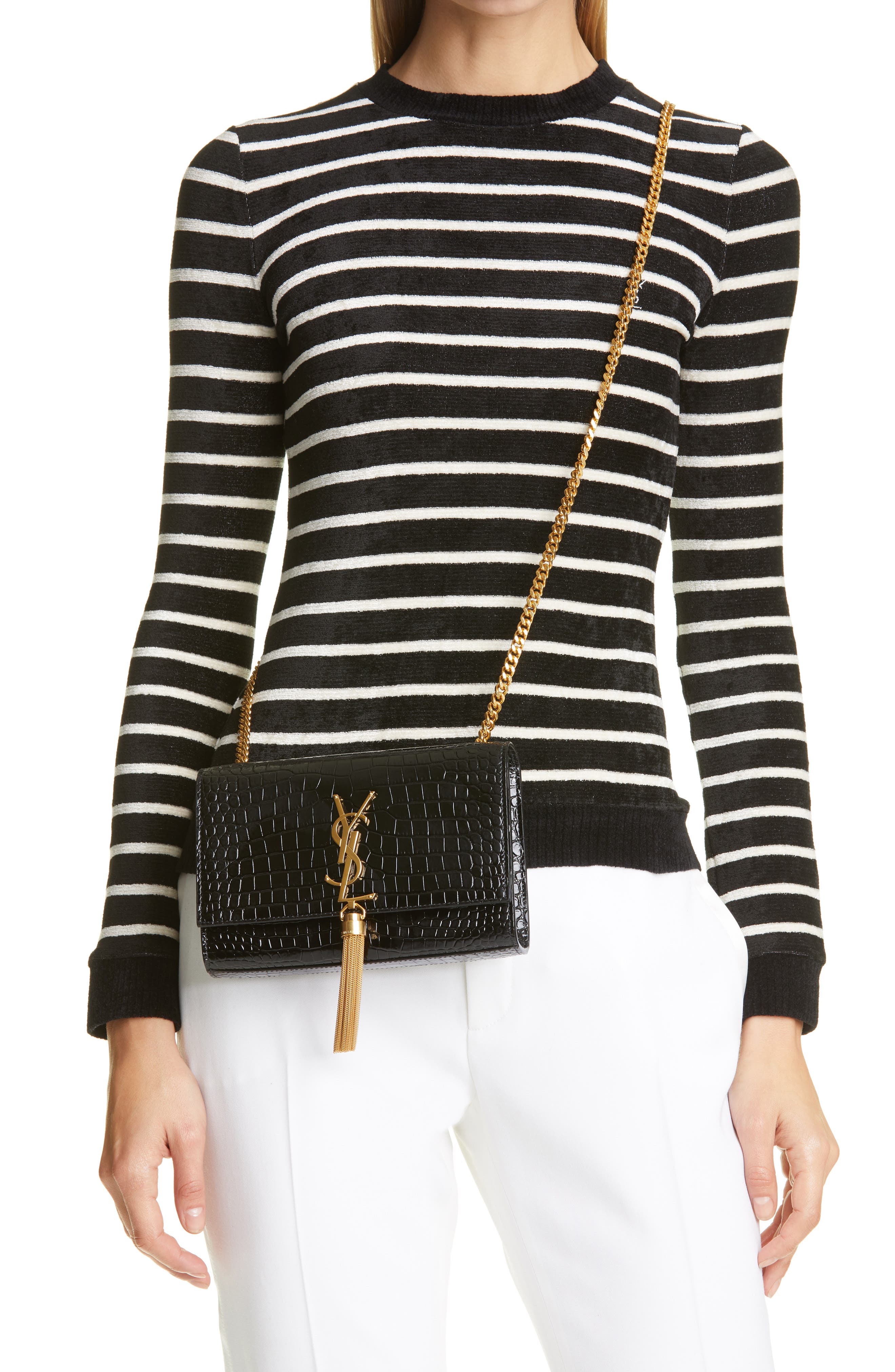 Saint Laurent Small Kate Croc Embossed Leather Shoulder Bag, Alternate, color, 