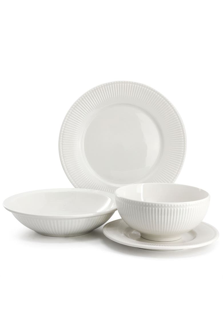 Kate 16 Piece Textu Trim Double Bowl Porcelain Dinnerware Set, Alternate, color, White