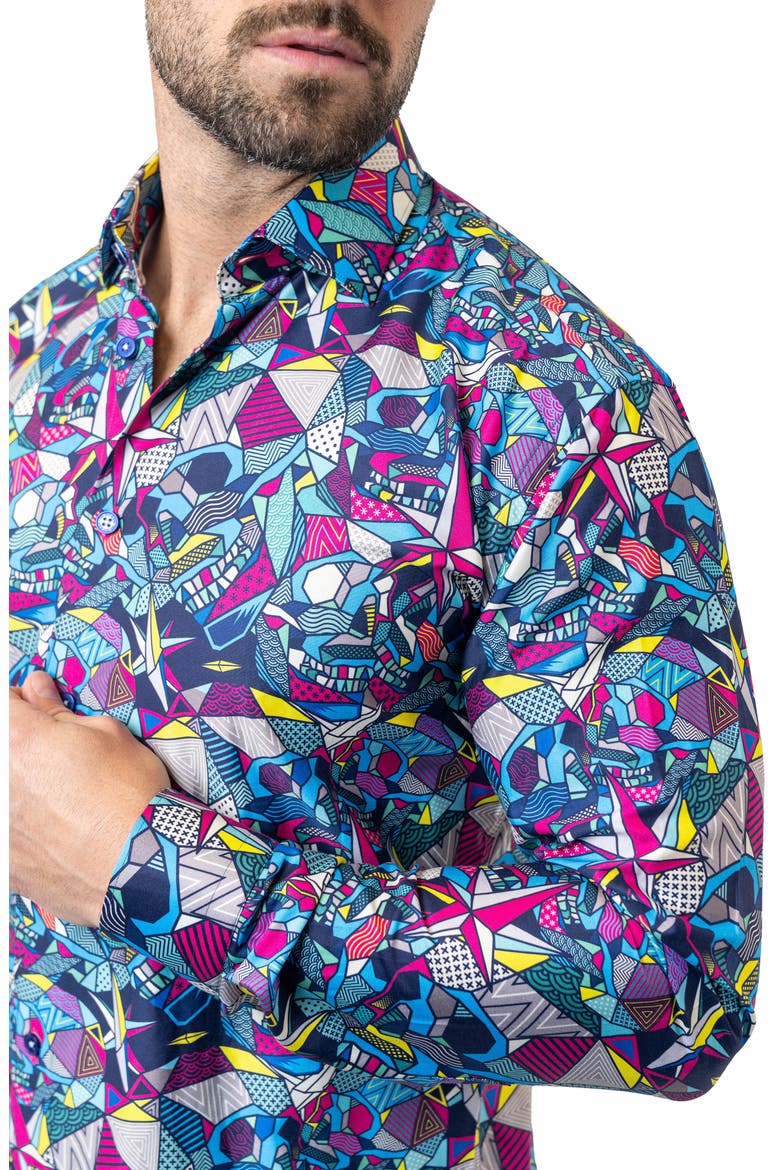 Fibonacci Abstract Skull Cotton Button-Up Shirt, Alternate, color, BLUE
