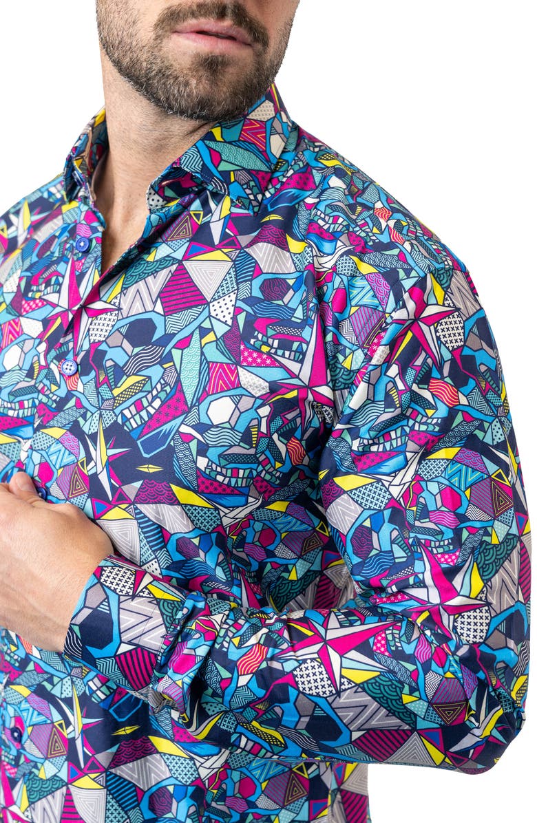 Maceoo Fibonacci Abstract Skull Cotton Button-Up Shirt, Alternate, color, Blue