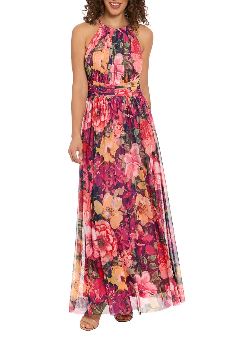 Floral Mesh Maxi Dress, Main, color, NAVY/ SNAPDRAGON