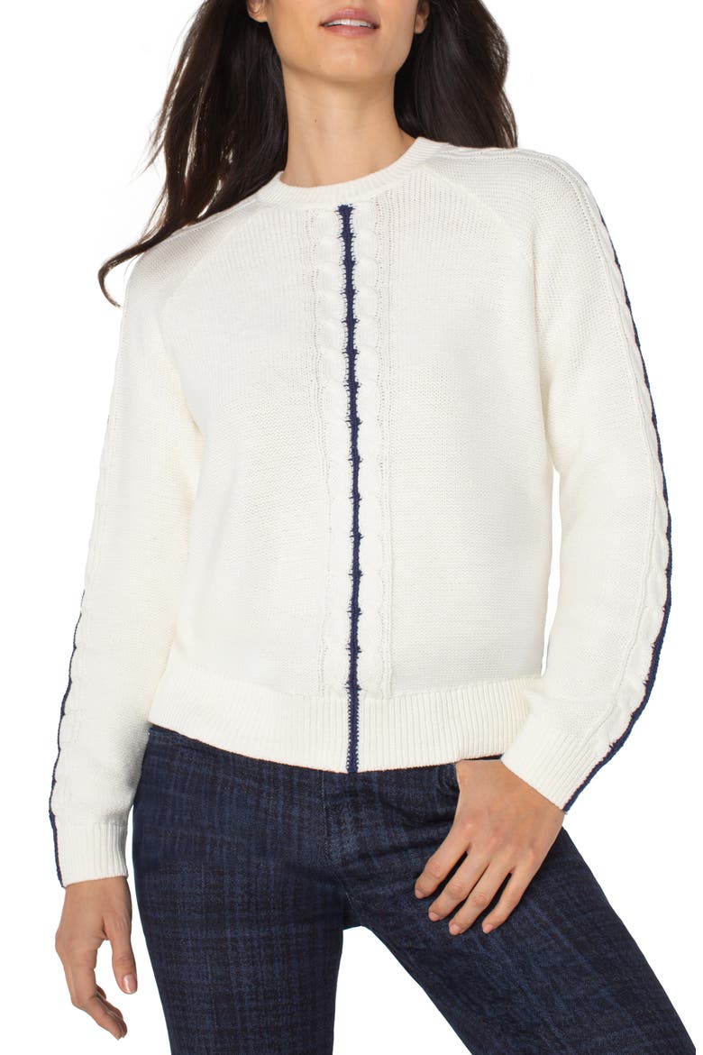 Cable Stitch Raglan Sweater, Main, color, WHISPER WHITE/ NAVY