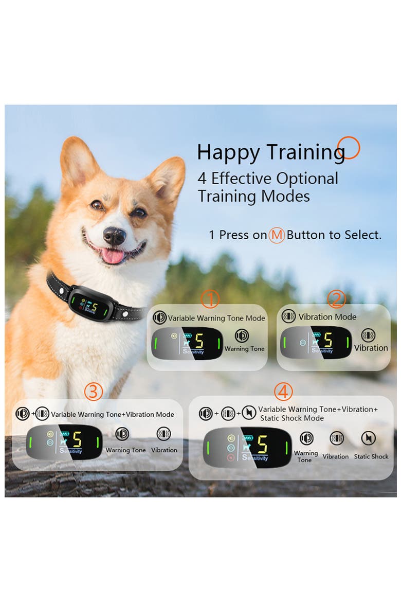Barkomatic LED 5-Level Sensitivity and 6-Step Automated Beep Vibration and Stimulation Antibark Dog Collar, Alternate, color, BLACK