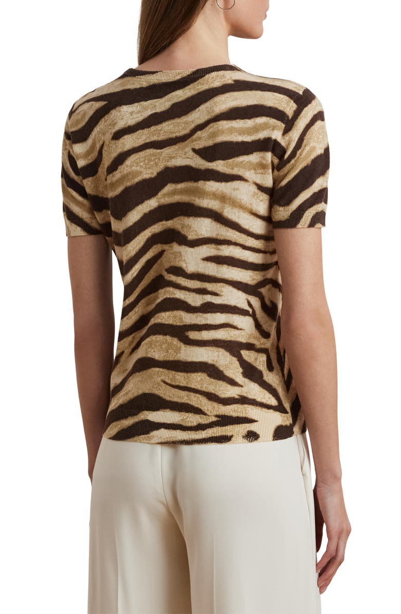 Lauren Ralph Lauren Zebra Stripe Short Sleeve Linen & Cotton Sweater, Alternate, color, Mascarpone Cream/ Brown