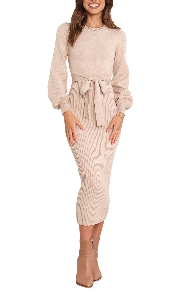 Petal & Pup Helena Belted Long Sleeve Sweater Dress, Main, color, Beige