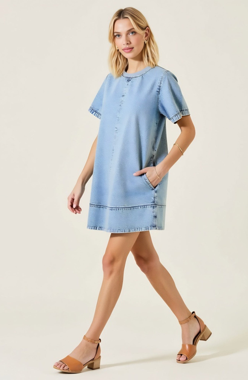 Modenaire Denim Mini Dress With Short Sleeves Pockets Back Zip Detail In Blue