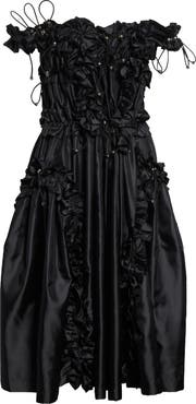 Noir Kei Ninomiya Drawcord Ruffle Off the Shoulder Satin Midi Dress