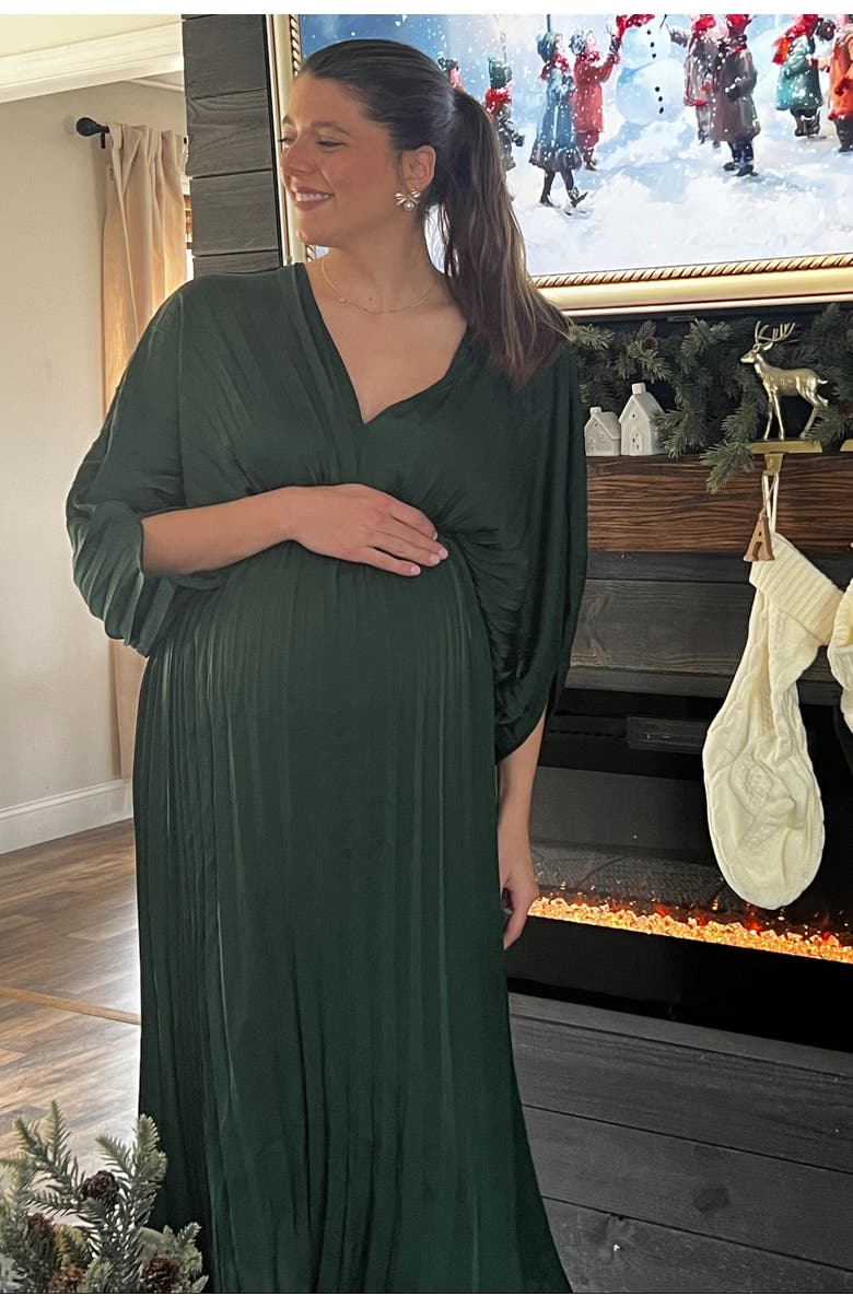 PinkBlush Satin Pleated V-Neck Maternity Maxi Dress, Alternate, color, Forest Green
