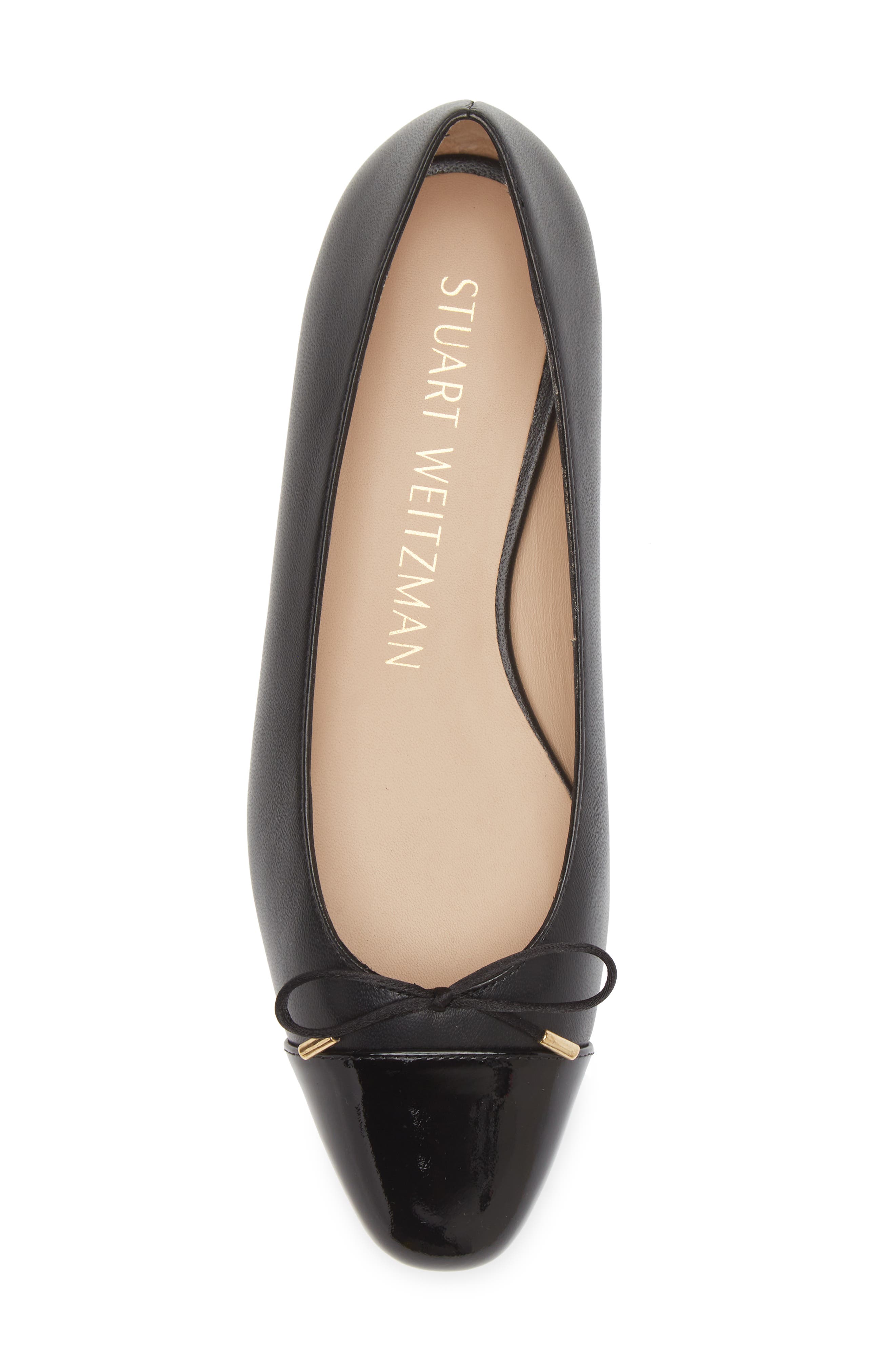 Stuart Weitzman Sleek Cap Toe Bow Flat, Alternate, color, Black