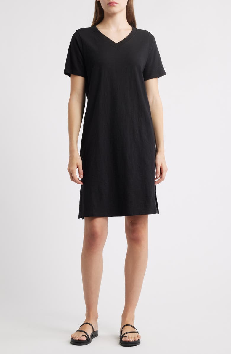 Eileen Fisher V-Neck Organic Cotton T-Shirt Dress, Main, color, Black