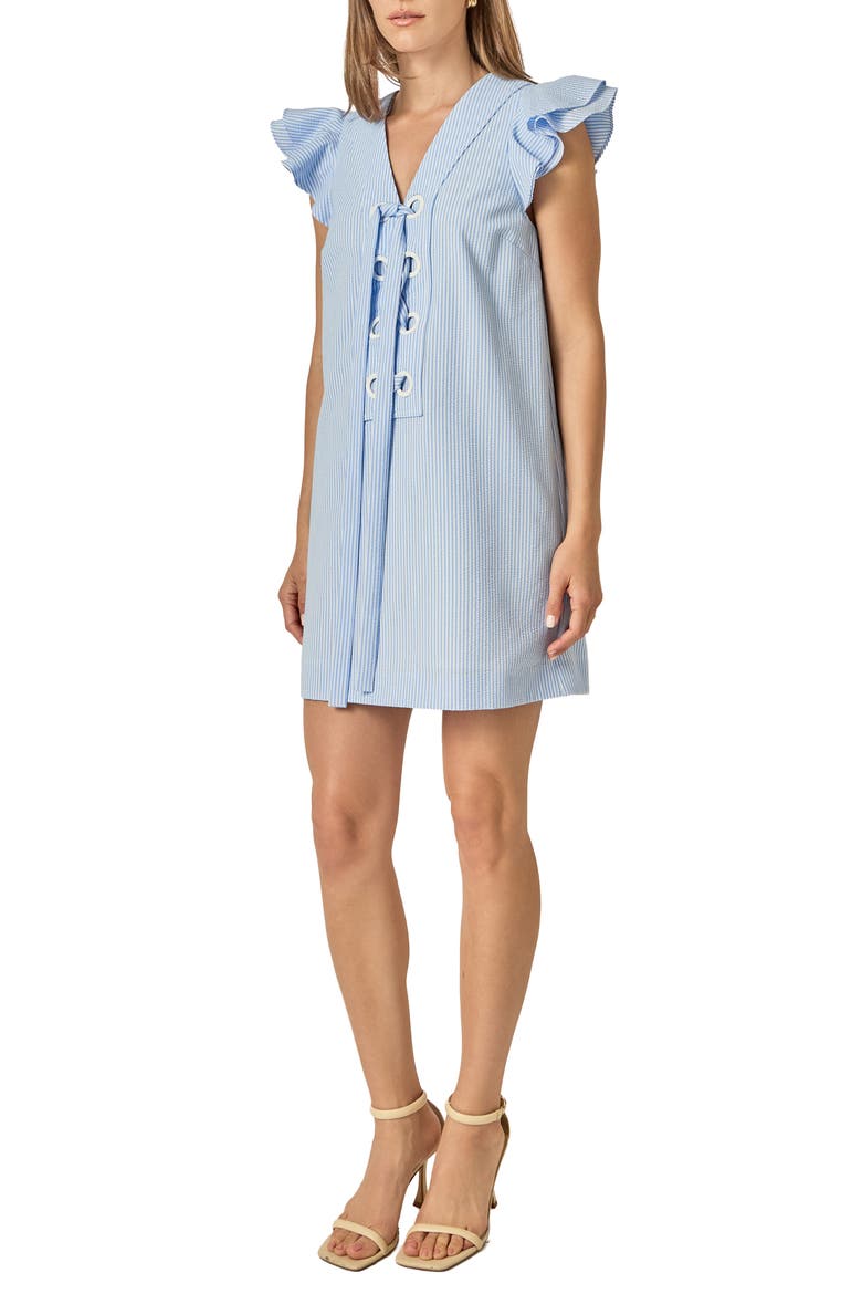Stripe Seersucker Ruffle Sleeve Eyelet Minidress, Alternate, color, POWDER BLUE/ WHITE