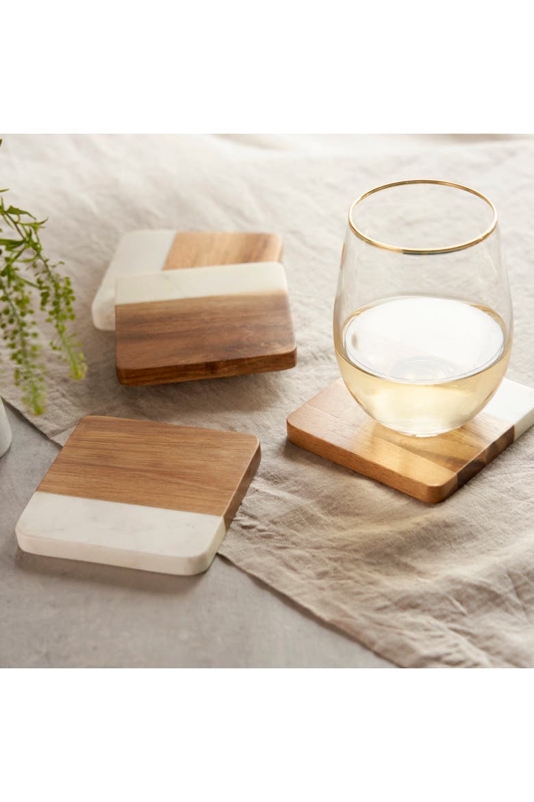 Marble & Acacia Coasters Set of 4, Alternate, color, White