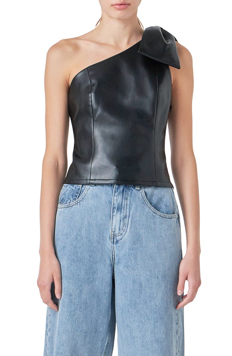 Grey Lab One-Shoulder Faux Leather Top, Main, color, Black