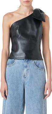Grey Lab One-Shoulder Faux Leather Top