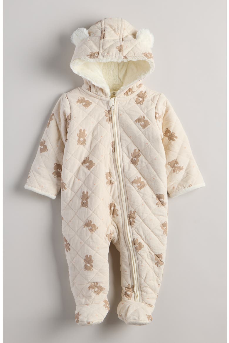 Ear Appliqué Quilted Faux Fur Lined Hooded Bunting, Main, color, IVORY TOFU TEDDY TOSS