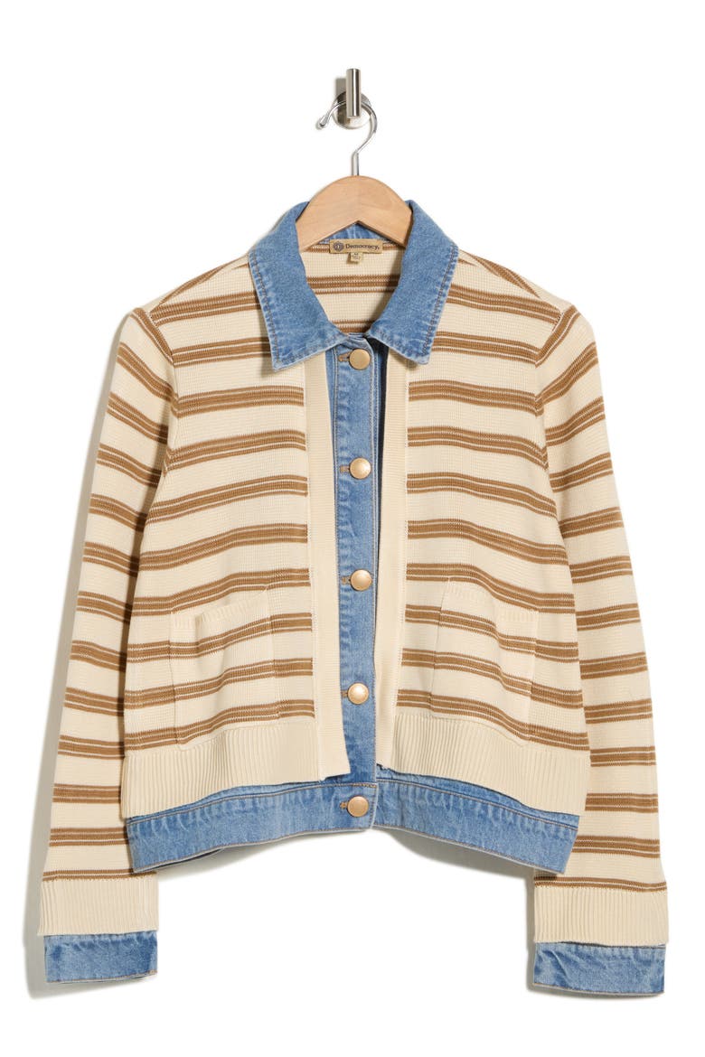 Stripe Mixed Media Jacket, Alternate, color, IVORY/ CARAMEL LATTE