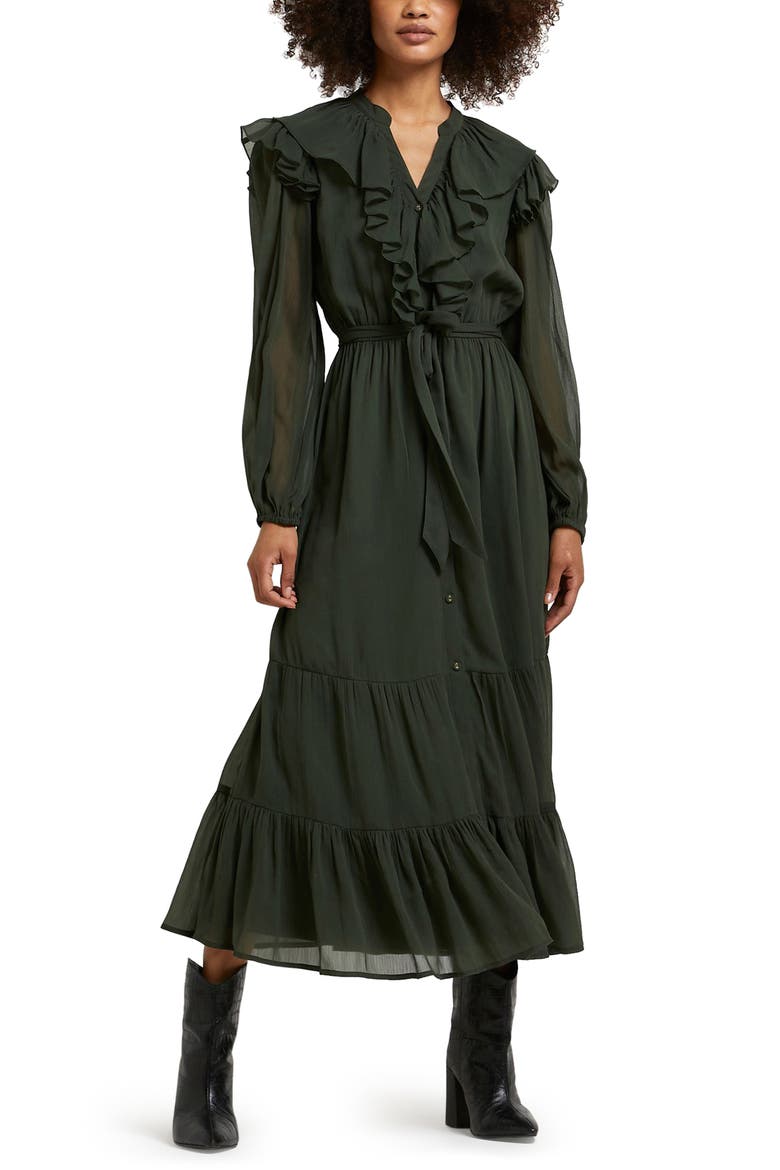 Ultimate Ruffle Tiered Hem Long Sleeve Dress, Main, color, KHAKI
