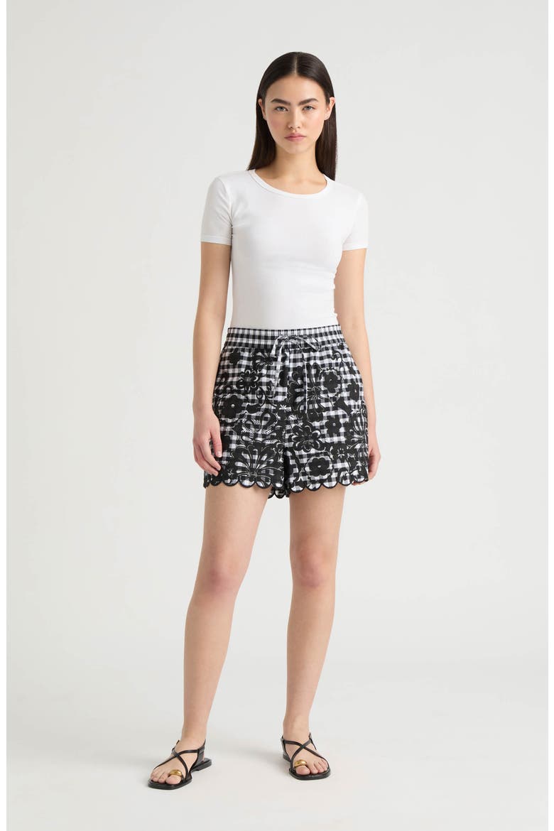 Floral Gingham Cotton Poplin Drawstring Shorts, Alternate, color, BLACK WHITE GINGHAM