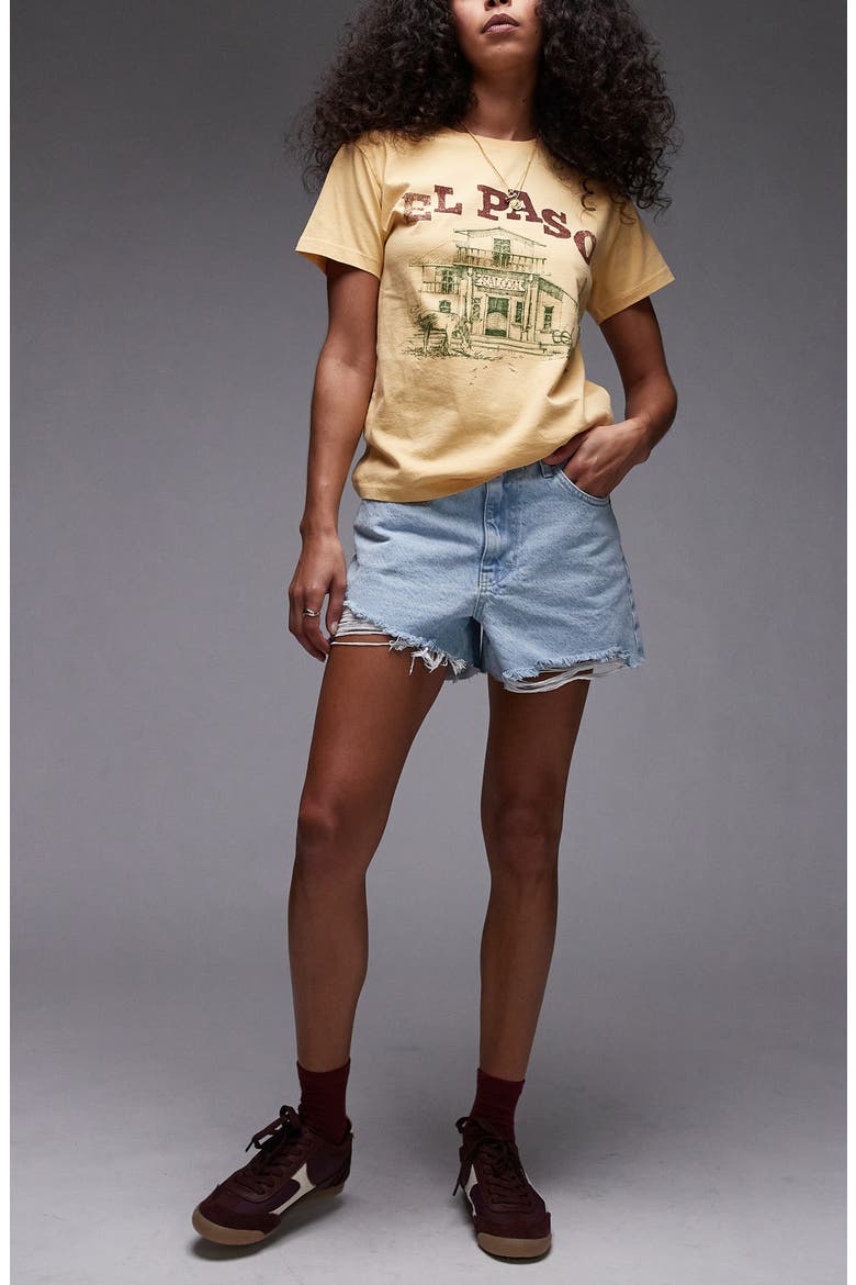 Frayed Hem Cutoff Denim Shorts, Main, color, LIGHT BLUE