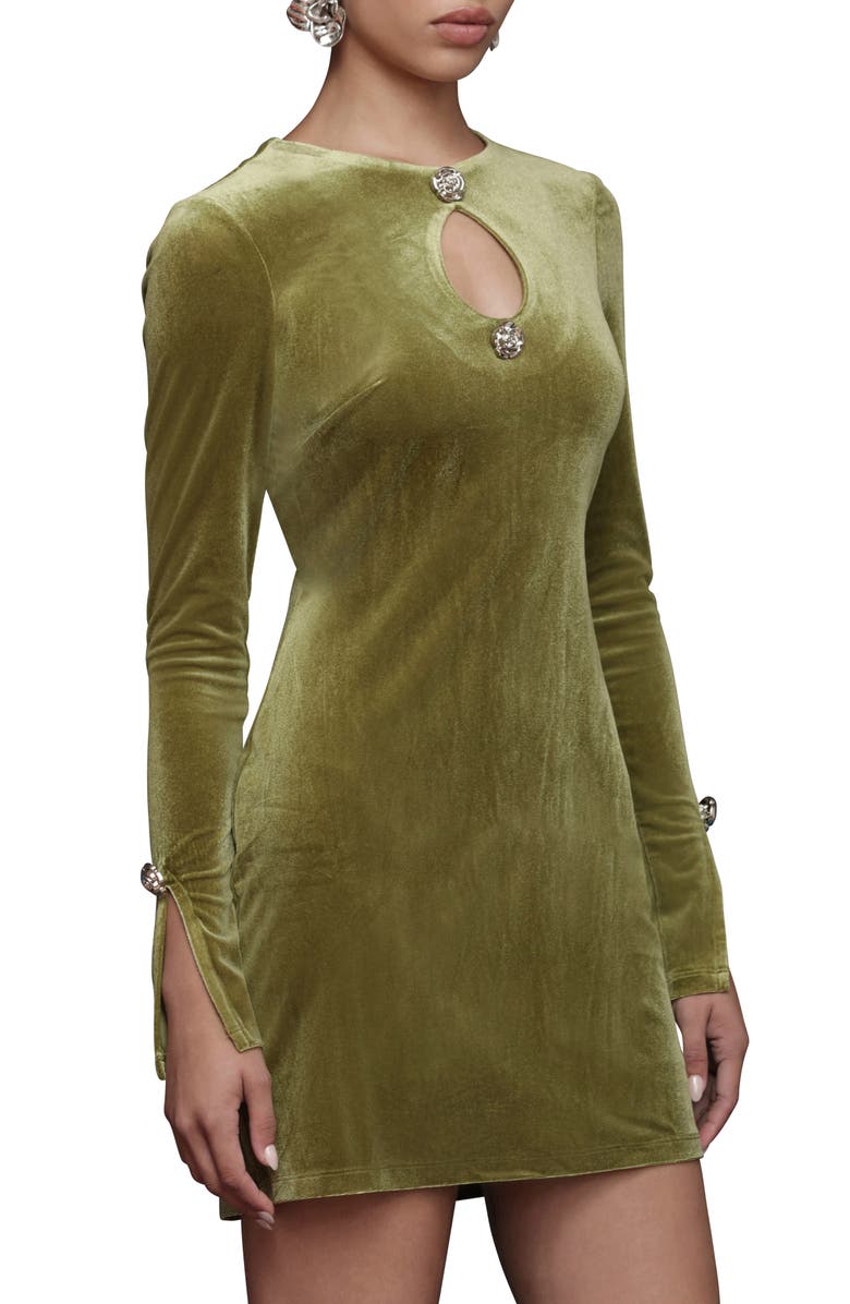 Avec Les Filles Rhinestone Long Sleeve Velvet Minidress, Alternate, color, Chartreuse