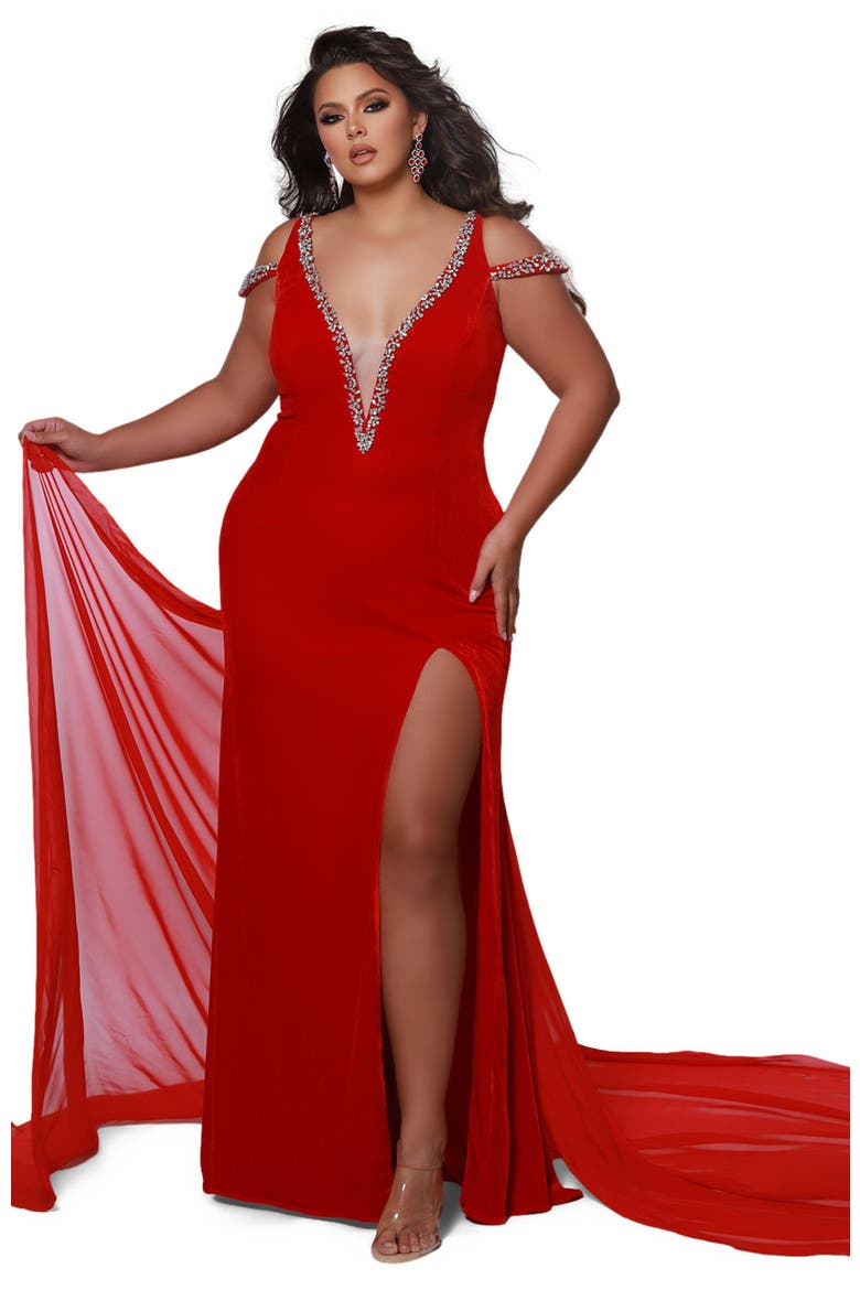Studded V-neck Velvet Fitted Plus Size Evening Gown, Main, color, Crimson