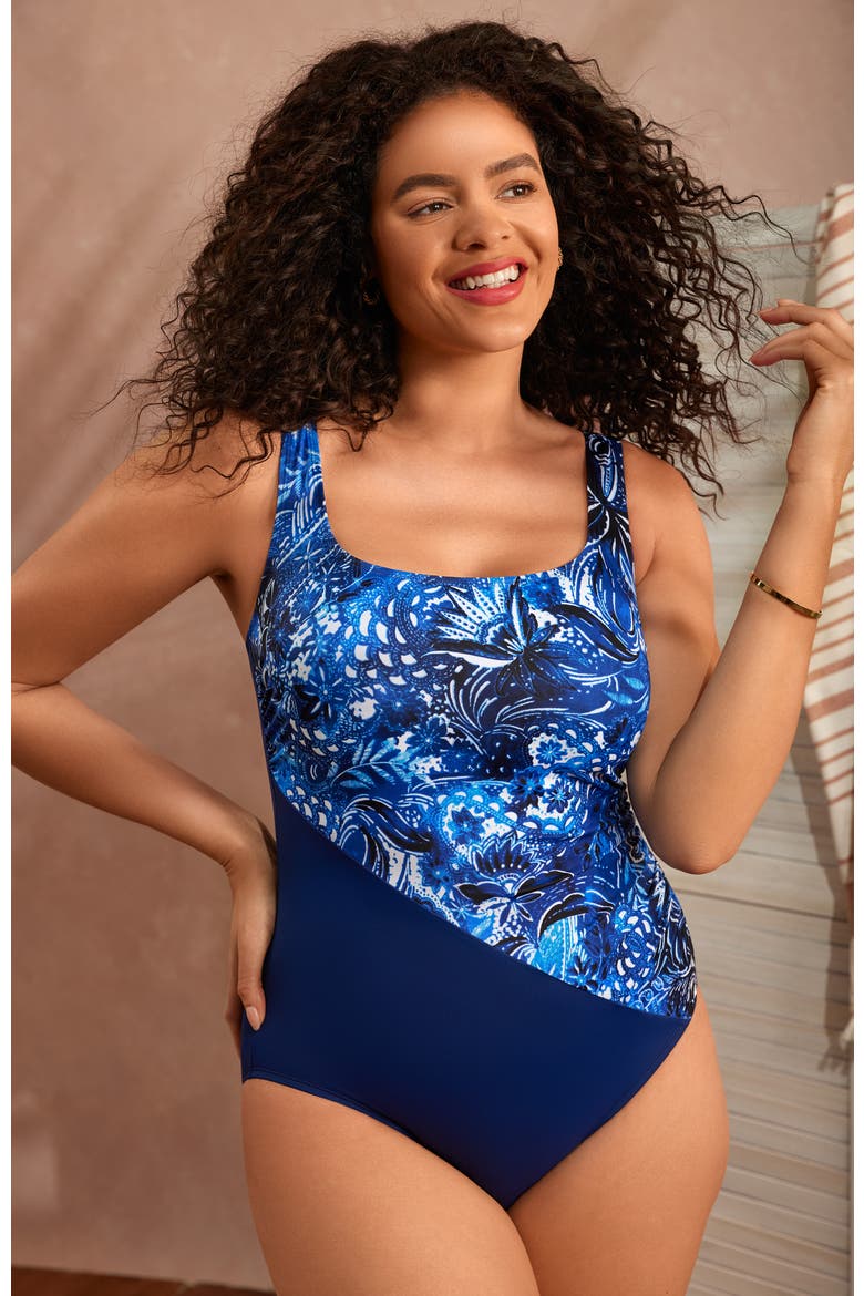 Side Shirred Tank Long Torso One-Piece Swimsuit, Alternate, color, Paisley Garden