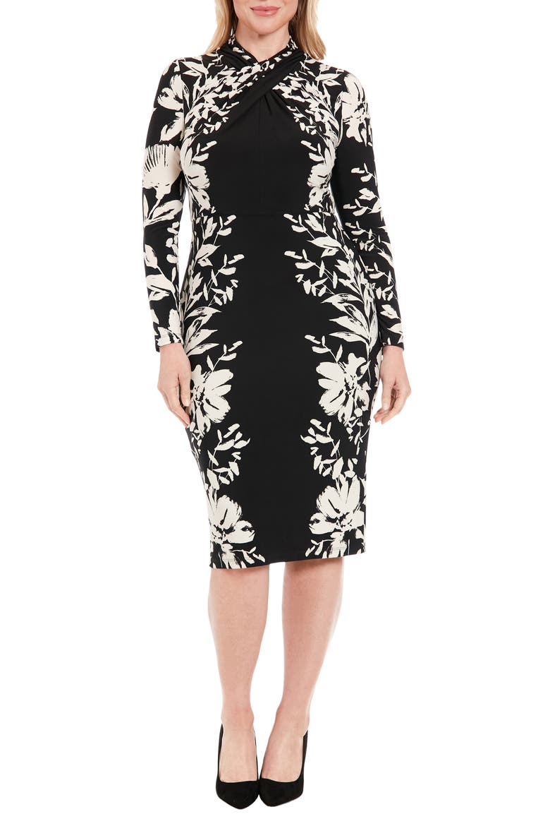 Floral Crisscross Neck Long Sleeve Midi Dress, Main, color, BLACK/ CREAM