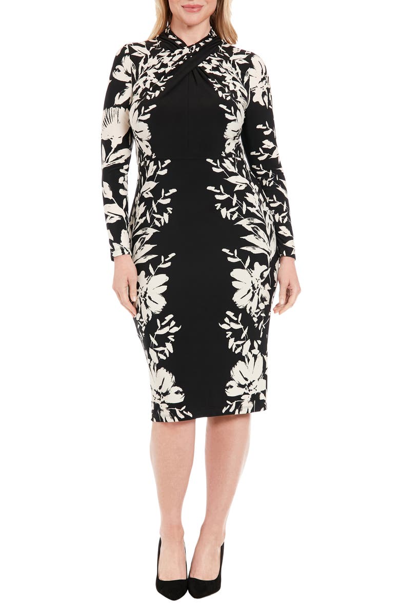 London Times Floral Crisscross Neck Long Sleeve Midi Dress, Main, color, Black/ Cream