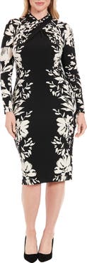 London Times Floral Crisscross Neck Long Sleeve Midi Dress