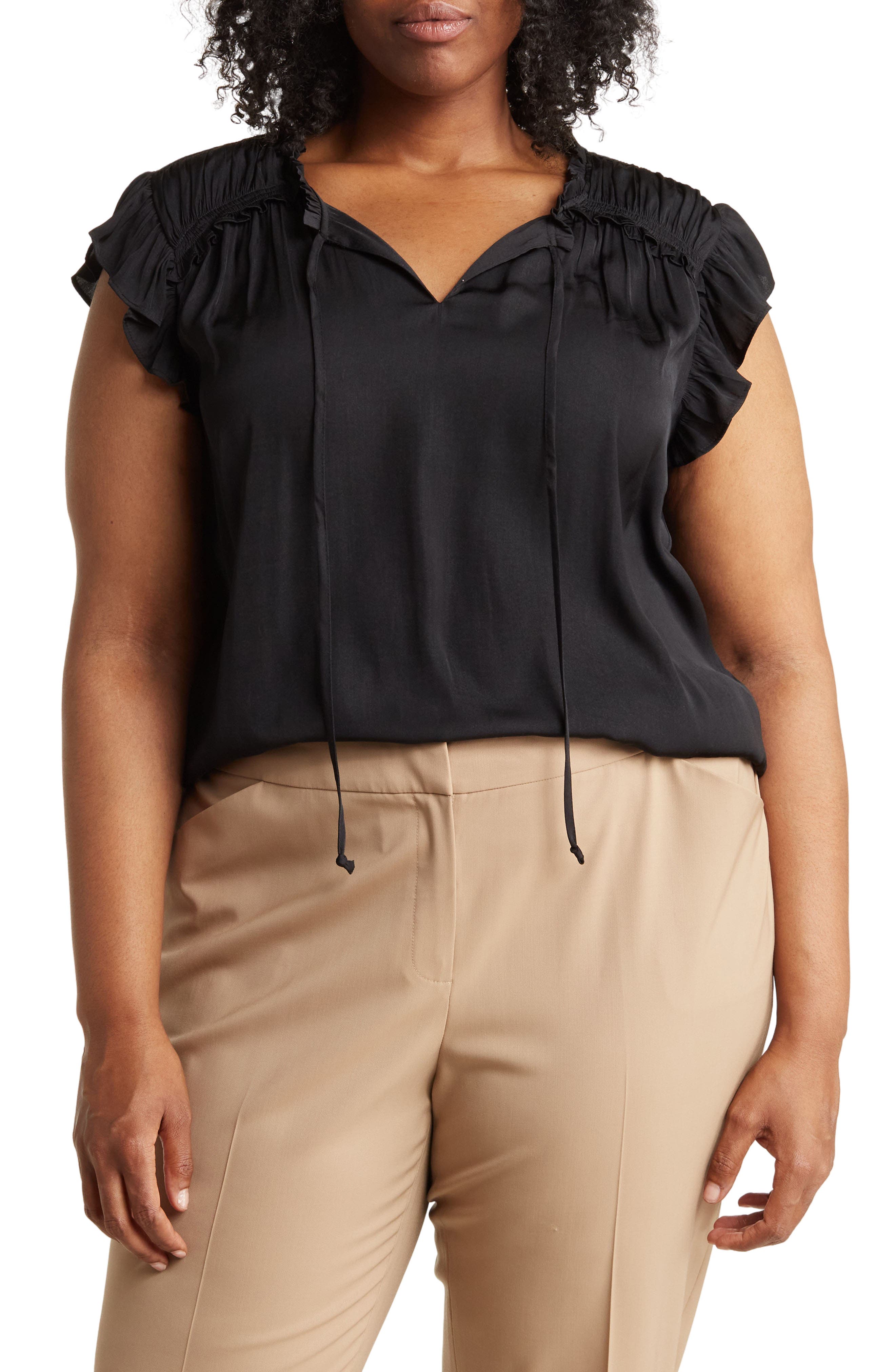 DR2 by Daniel Rainn Satin Ruffle Split Neck Top