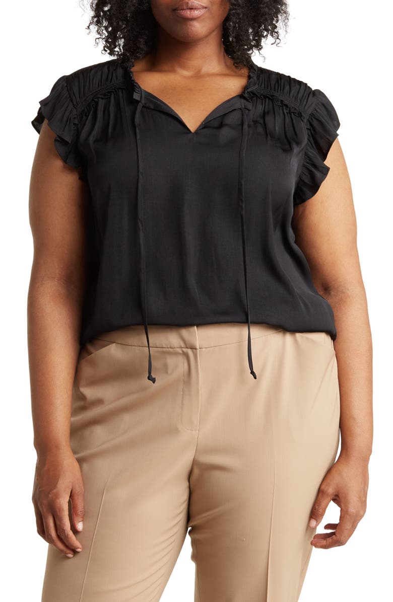 DR2 by Daniel Rainn Satin Ruffle Split Neck Top, Main, color, Black