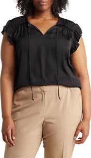 DR2 by Daniel Rainn Satin Ruffle Split Neck Top