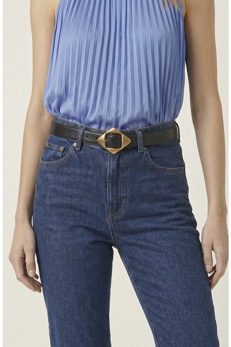 Leather Belt with Geometric Buckle, Alternate, color, Black