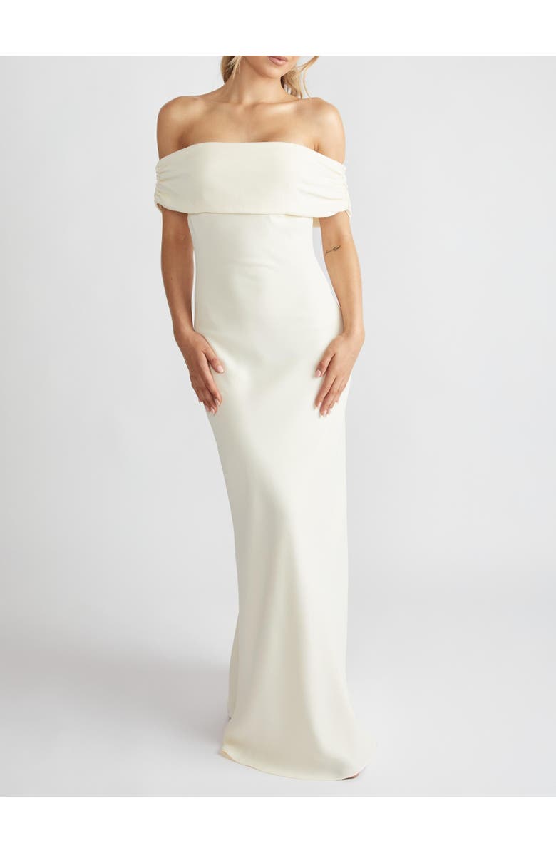 Six Stories Bardot Gathered Crepe Bridesmaid Dress, Alternate, color, Almond