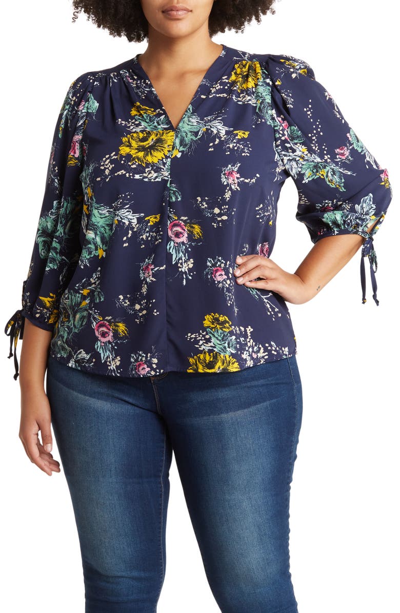 Renee C Floral Print Tie Cuff Blouse, Main, color, Navy