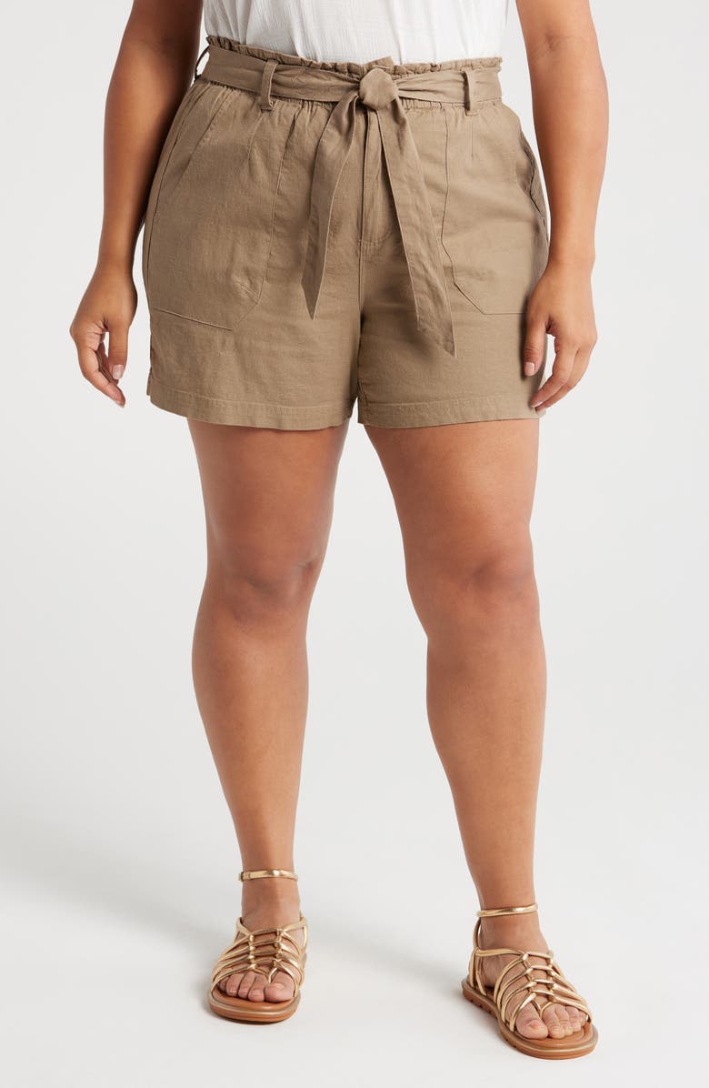 Wit & Wisdom Sky Rise Linen Blend Paperbag Shorts, Main, color, Portobello