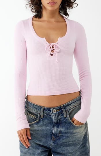 Bdg Urban Outfitters Knockout Long Sleeve Tie Front Crop Top In Pink