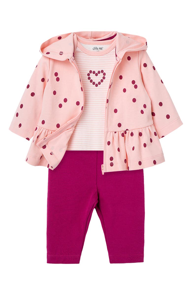 Little Me Cotton Bodysuit, Zip-Up Hoodie & Leggings Set, Alternate, color,